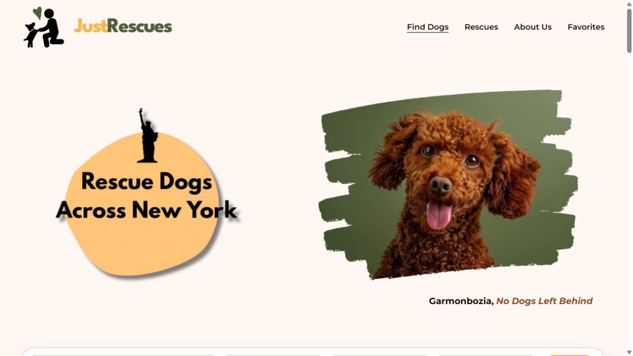 Just Rescues homepage for finding rescue dogs across New York