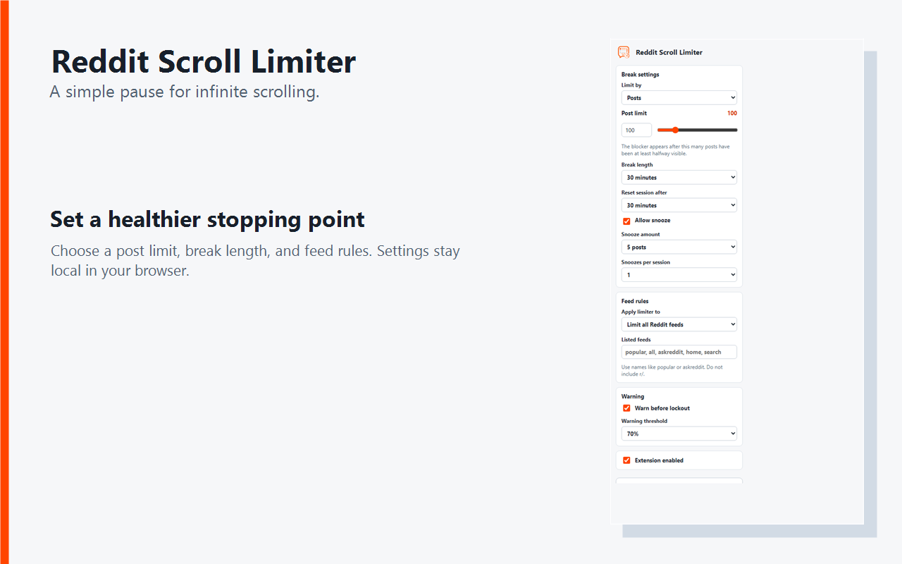 Reddit Scroll Limiter Chrome extension popup