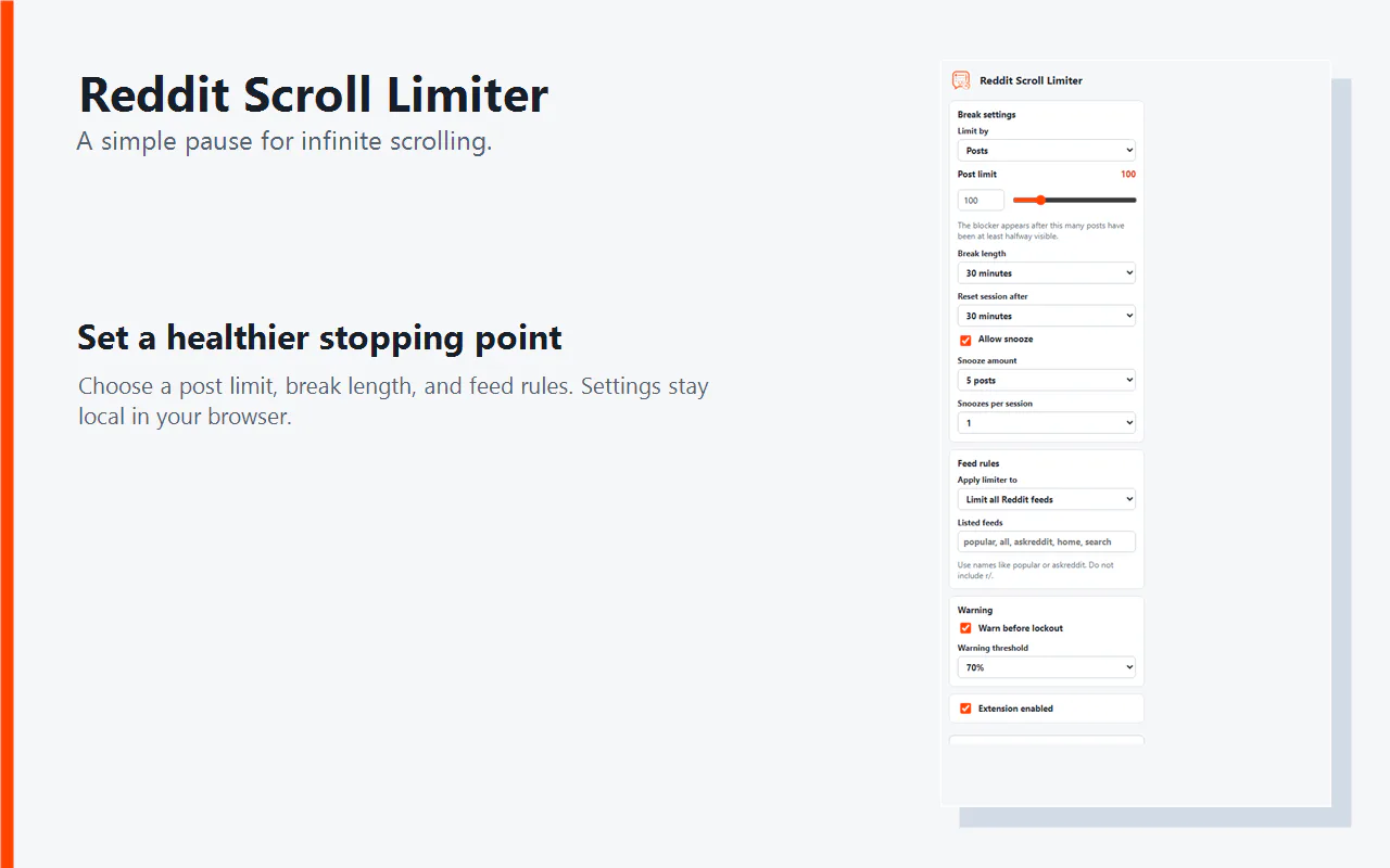Reddit Scroll Limiter Chrome extension popup