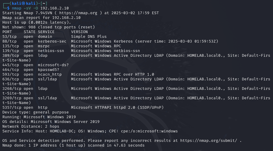 nmap detailed scan results for domain controller